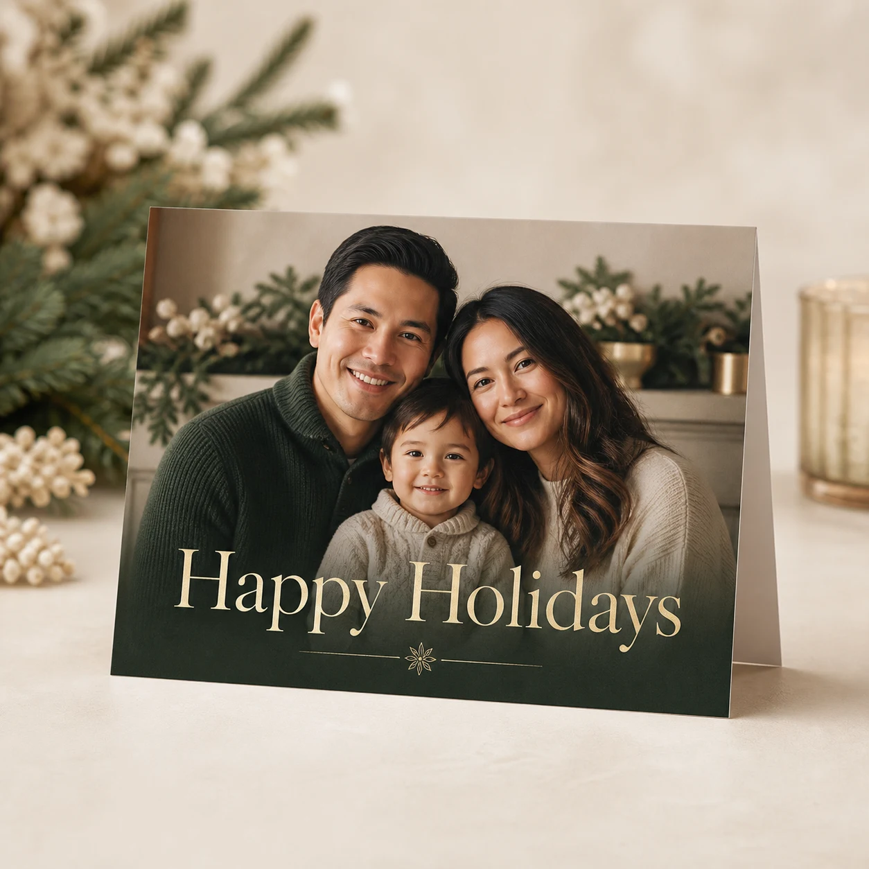 Happy Holidays card featuring a family portrait