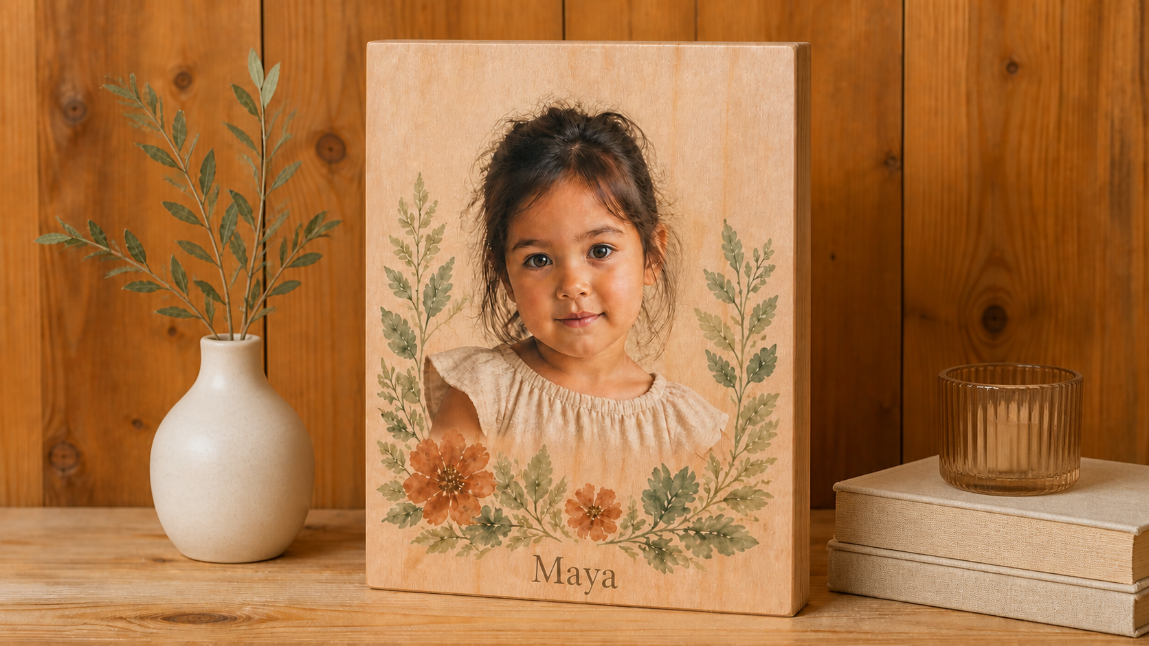 Maya's portrait printed on a natural upright cradled wood panel, styled on a shelf with subtle home decor and a light botanical watercolor border